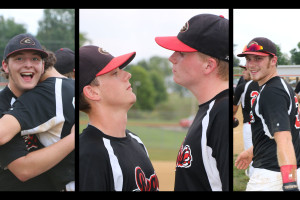 [left] Trynt Tompkins celebrates with Grant Miller, [center] Justin Darnell has stare-down with Ben Becker, [right] Trey McDaniel smiles as his team wins another game.