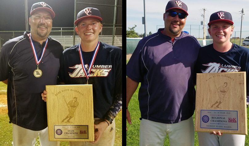 Coach Jeff Null and Ben Becker. On the left, Ben is holding the State Champions award and on the right he's holding the Regional Champions award.
